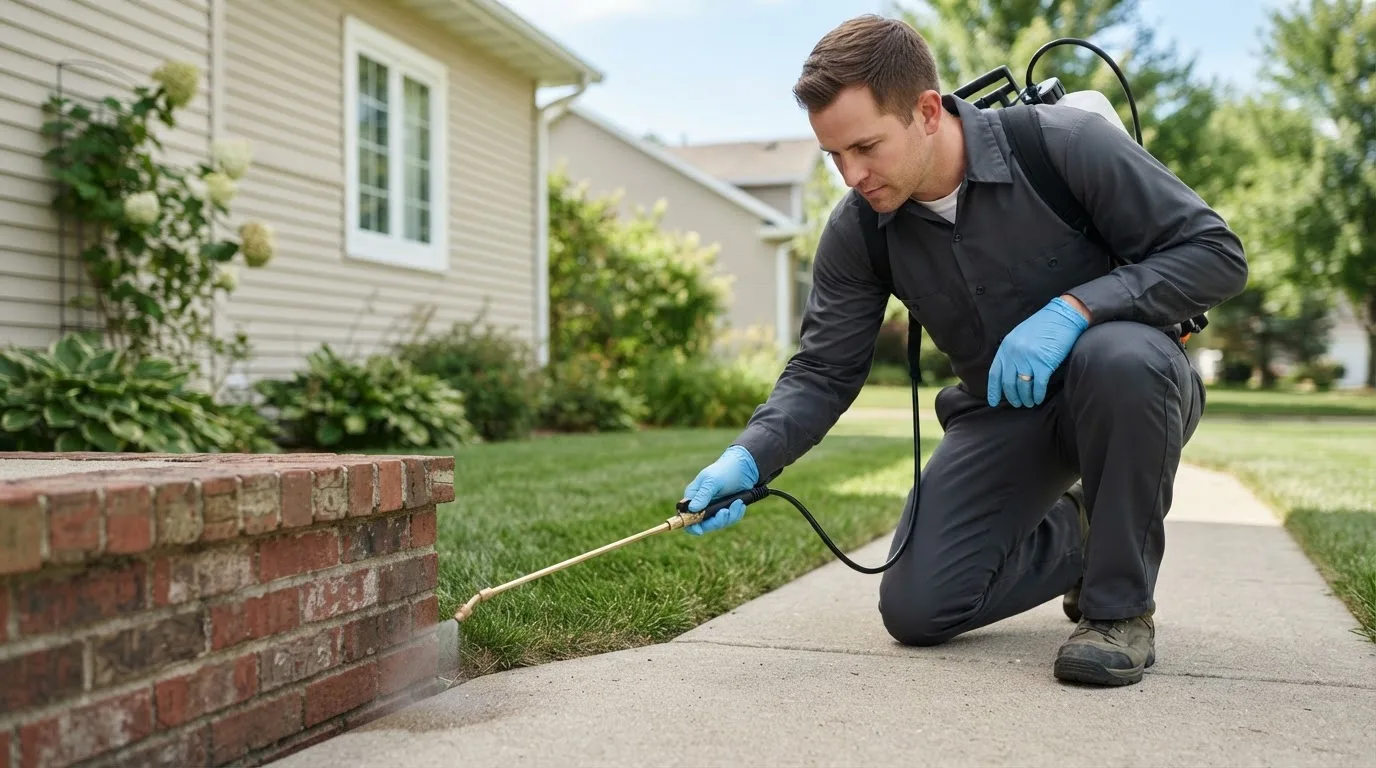 Pest control technician treating a home near Troy, MI